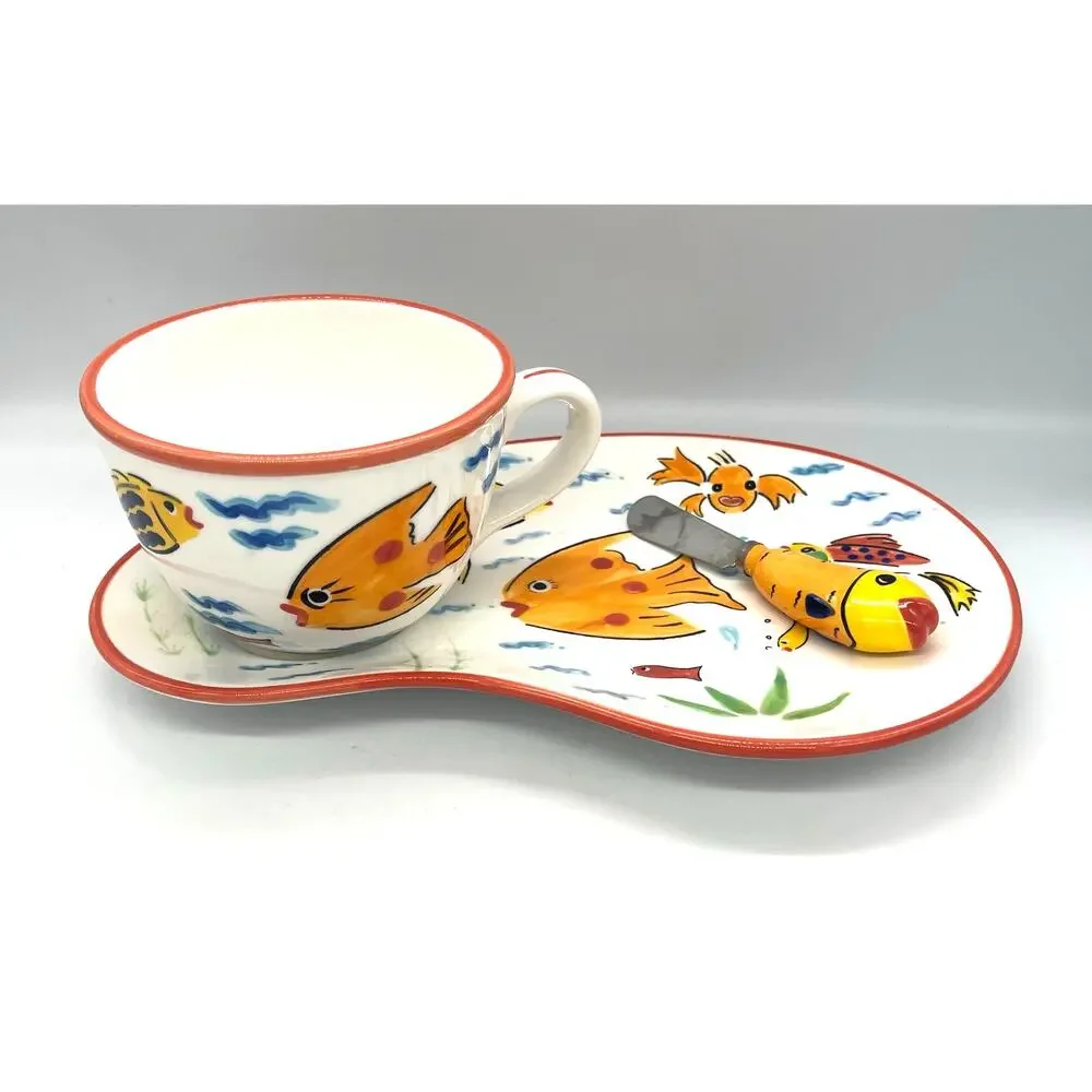 Les Tropiques Strata Snack Plate & Cup & Spreader Set Hand Painted Tropical Fish